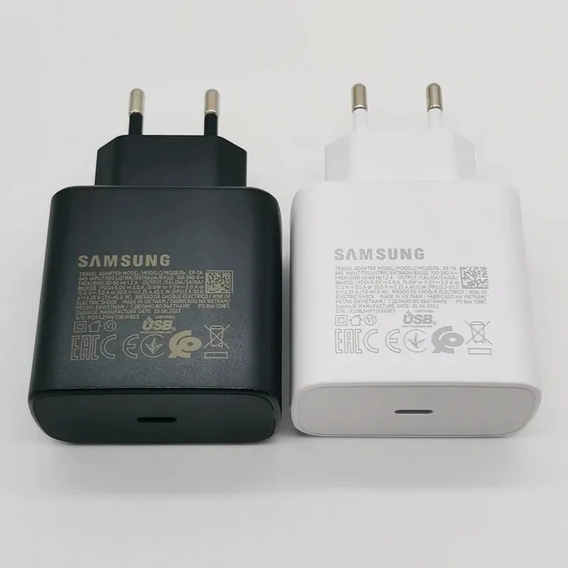 Black and white Samsung 45W Super Fast Charge EU wall adapters, compact with USB-C ports, for Galaxy phones.