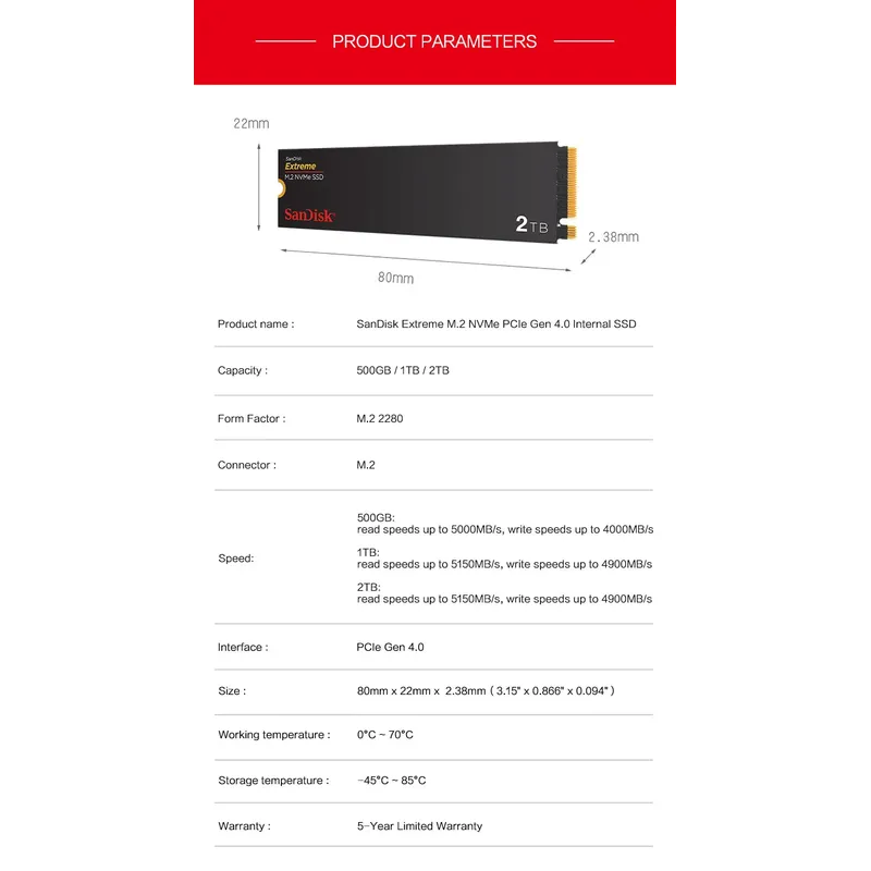 SanDisk Extreme SSD M.2 NVME PCle Gen4.0 500GB1TB2TB Sequential Read speed up to5150MB/s M.2 2280 PCIe Gen3x4Solid State Drive