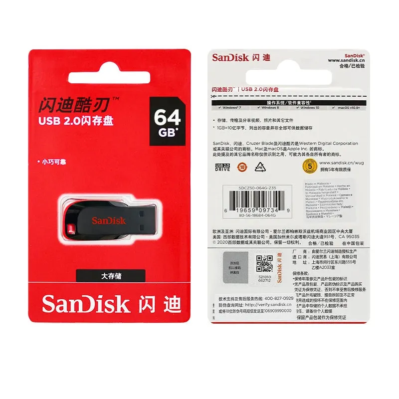 SanDisk USB2.0 FAT32 Cruzer CZ50 Flash Drive Compact Encrypted Flash Memory Stick USB2.0 PenDrive for Desktop Laptop