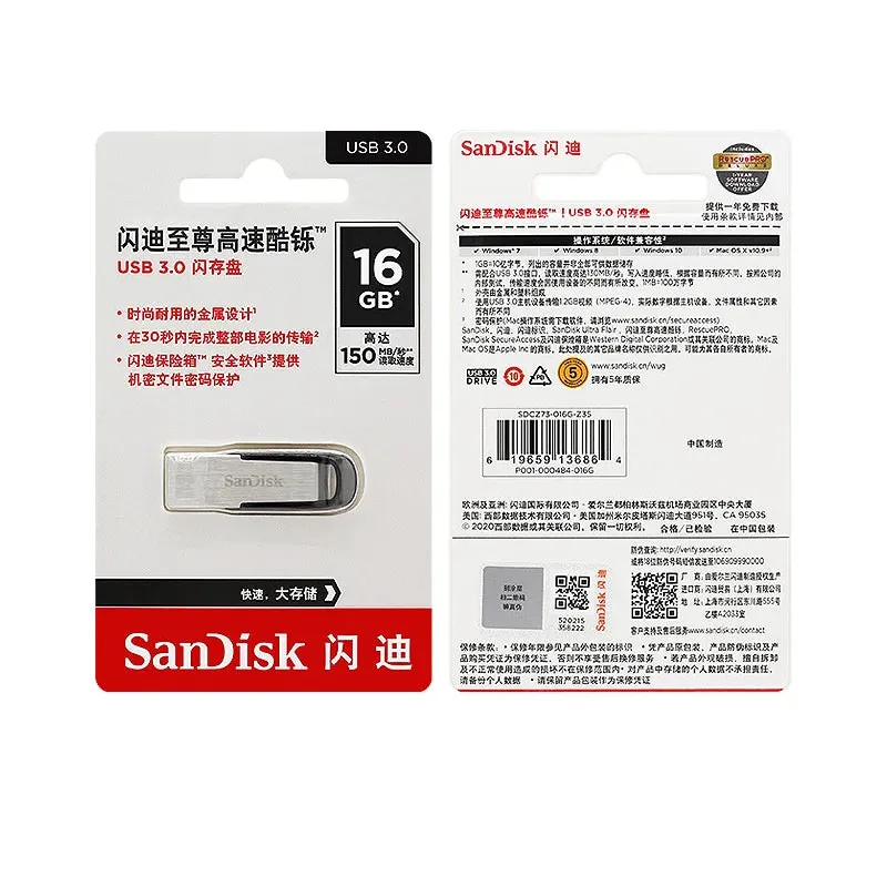 Original SanDisk Ultra Flair CZ73 USB 3.0 Flash Drive 32GB 64GB Memory Stick 128GB 256GB 16GB USB Pen Drive U Disk For Computer