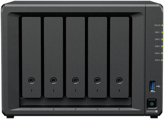 Synology DiskStation DS1525+ NAS Enclosure, AMD Ryzen V1500B, 8GB RAM, 5 Drive Bays, 3.5" SATA HDD, 2.5" SATA SSD & M.2 2280 NVMe SSD Support | DS1525+