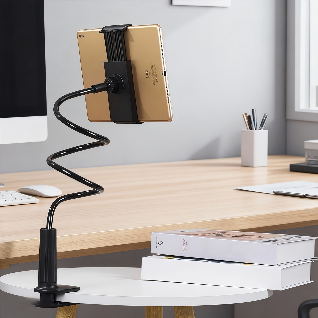 A Single Unit of a 360° Adjustable Flexible Hose Holder - Stable And Non-Wobbly + Compatible with Phones And Tablets + Freely Adjustable Angles, Minimalist And Practical Style, Clamp-Type Universal Design, Made of Flexible H