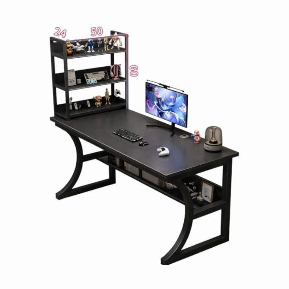 C-Shaped Wooden Computer Desk with Storage Shelf | Ergonomic Workstation for Gamers and Students, Rounded Corners, Easy Assembly, Sturdy Design, Vintage Style, Mixed Color