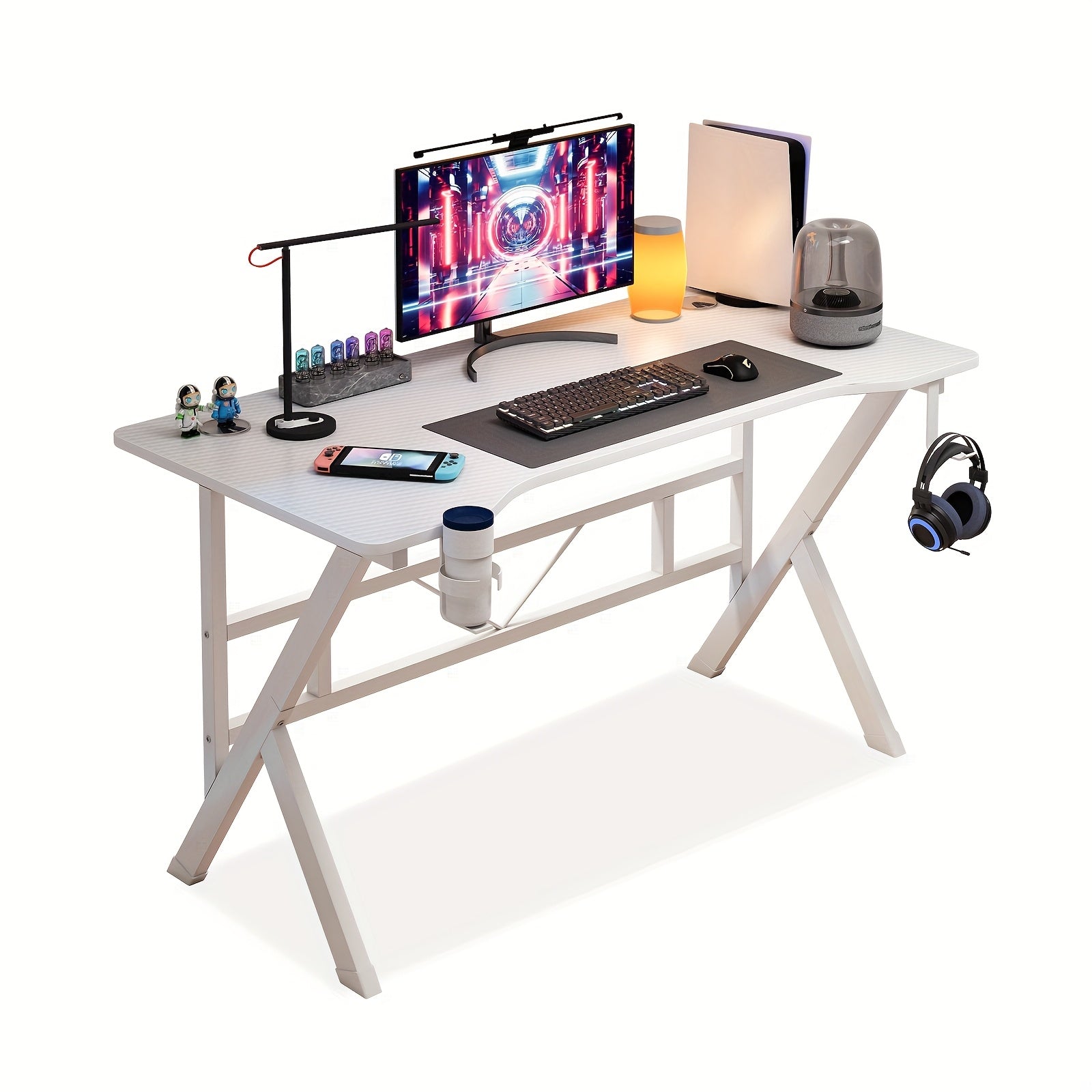 LAFULAIFU Computer Table - 110Cm/140Cm Desk Designed for Computers, Featuring a Headphone Hook And Cup Holder. It Boasts a Robust Metal And Wood Build, with a Modern Gaming Style Available in White Or Black