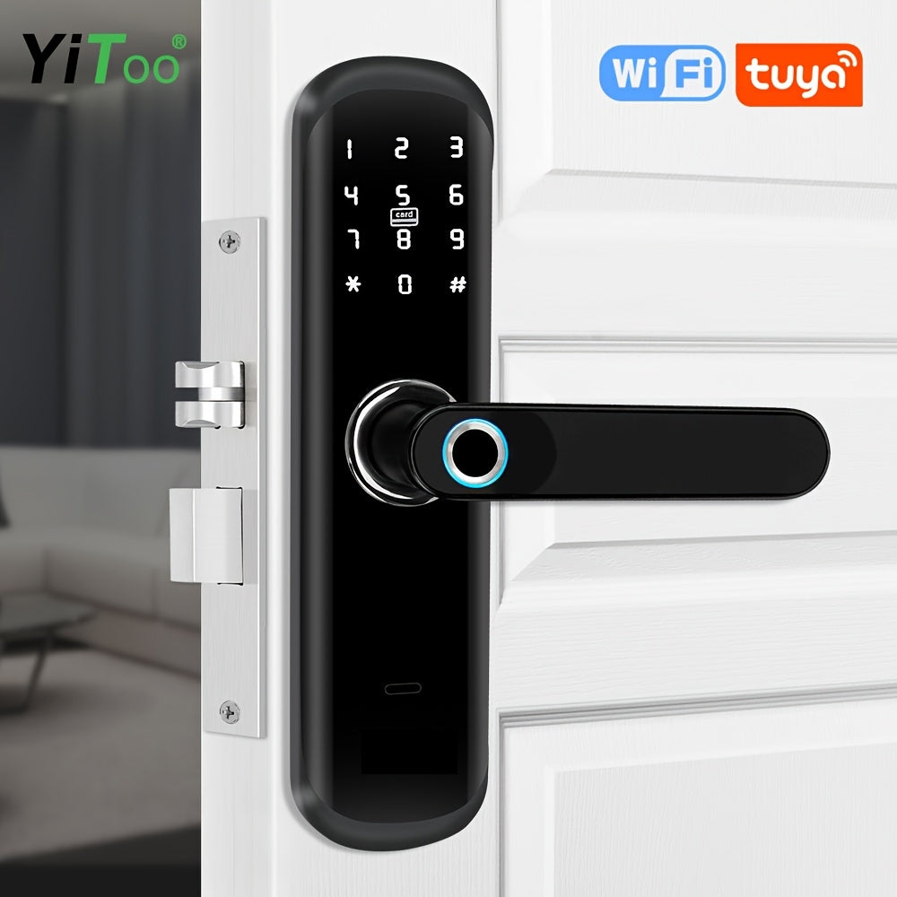 A Smart Door Lock with Five Unlocking Methods (Code, Fingerprint, Key, APP, RFID Card), a Fingerprint Door Lock, a Keyless Entry Lock with a Keypad, an App-Controlled TT Lock, Featuring NFC And a Reversible Handle, Suitable f
