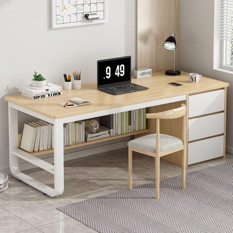 Home Office Desk with 3 Drawers And Bottom Open Shelf Wooden Computer Table with Storage Space Heavy Duty Office Table (Khaki - 140 50cm)