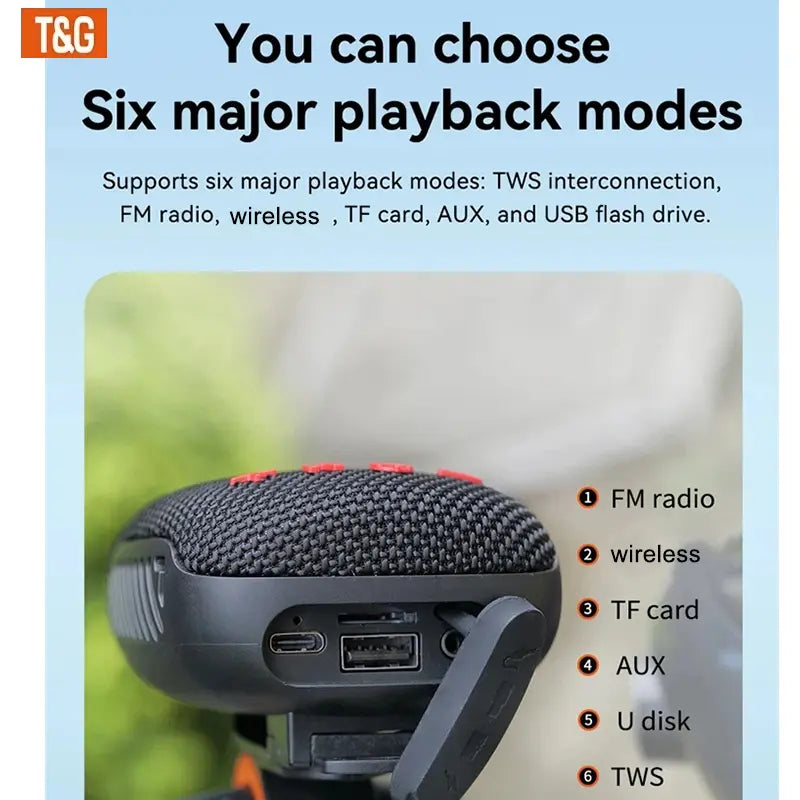 T&G 392 Outdoor Cycling Compact Wireless Speaker - IPX5 Waterproof Audio Device with TWS Music Player, FM, TF Card, USB Drive Support for Phone, Tablet Connection