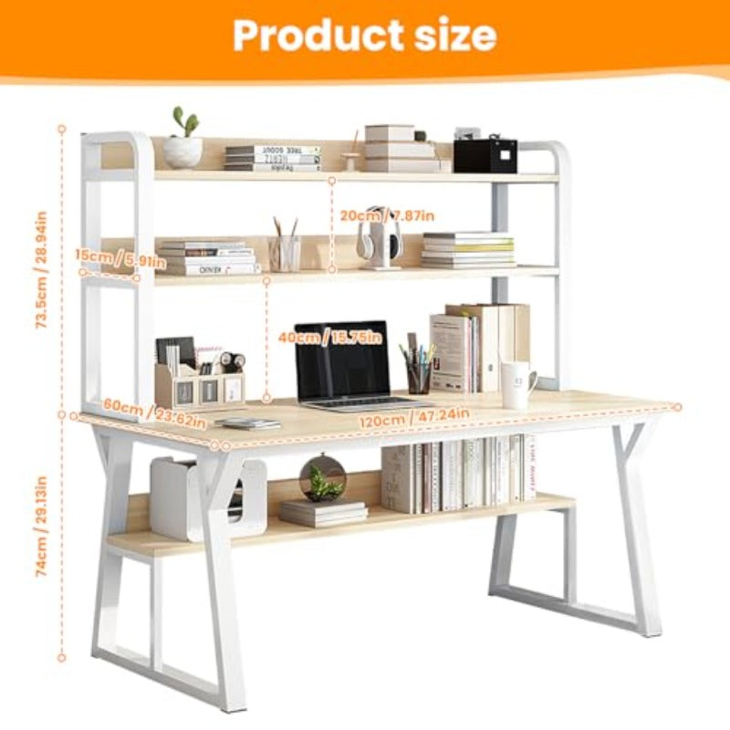 Modern Easy Office Desk | Computer Table with Bookshelf, Writing Desk for Home Office and Workstations, Small Space Study Table, 120*60*147.5cm (Maple)