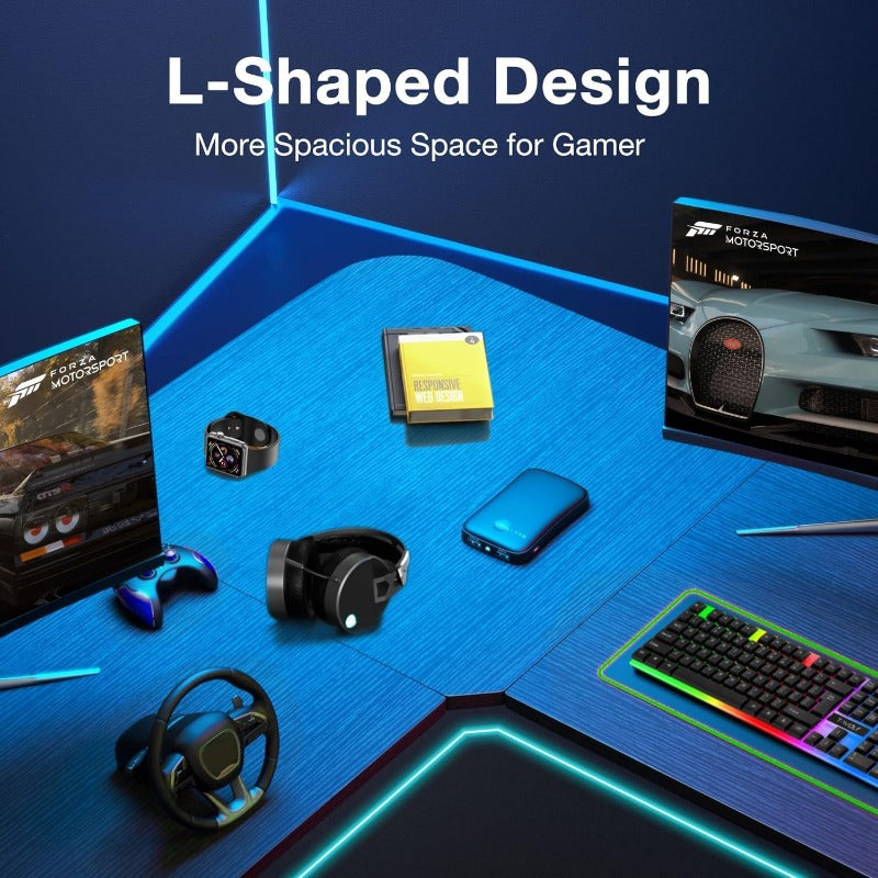 L-Shaped Gaming Desk Compatible for PC, Computer & Home Office Workstation - Heavy-Duty - with Adjustable Monitor Shelf, Space-Saving Easy Assembly (Black) - Sturdy MDF Board & Metal Frame, 500 Weight Capacity)