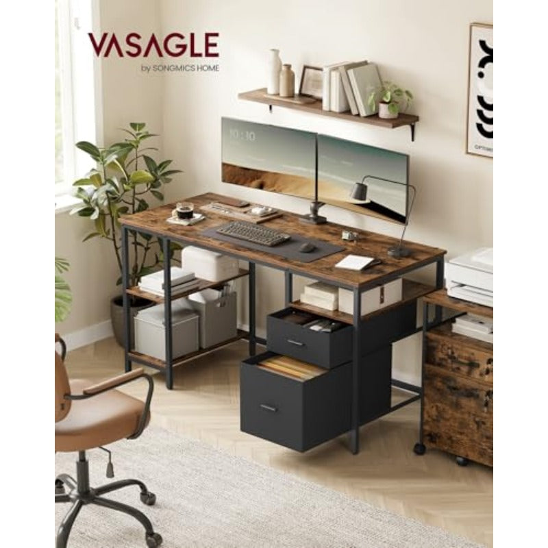 Modern Industrial Computer Desk with Storage - Rustic Brown & Black Table, 3-Shelf & 2-Drawer Storage, Sturdy Chipboard & Frame, Assembly Office Desk Suitable for Living Room, Computer Workstation