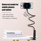 Black 70cm flexible gooseneck phone and tablet holder with a stable clamp base, holding a smartphone.
