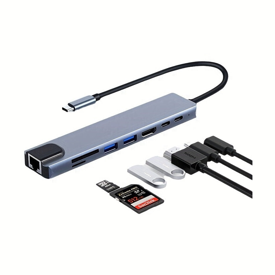8-in-1 USB-C Hub, 4K HDTV, 100Mbps Ethernet Multi-Port Hub, 5Gbps USB-C and 2 USB-A Data Ports, PD 100W Charging, SD/TF Card Reader, LED Indicator, Compatible with MacBook, Dell, HP, Surface