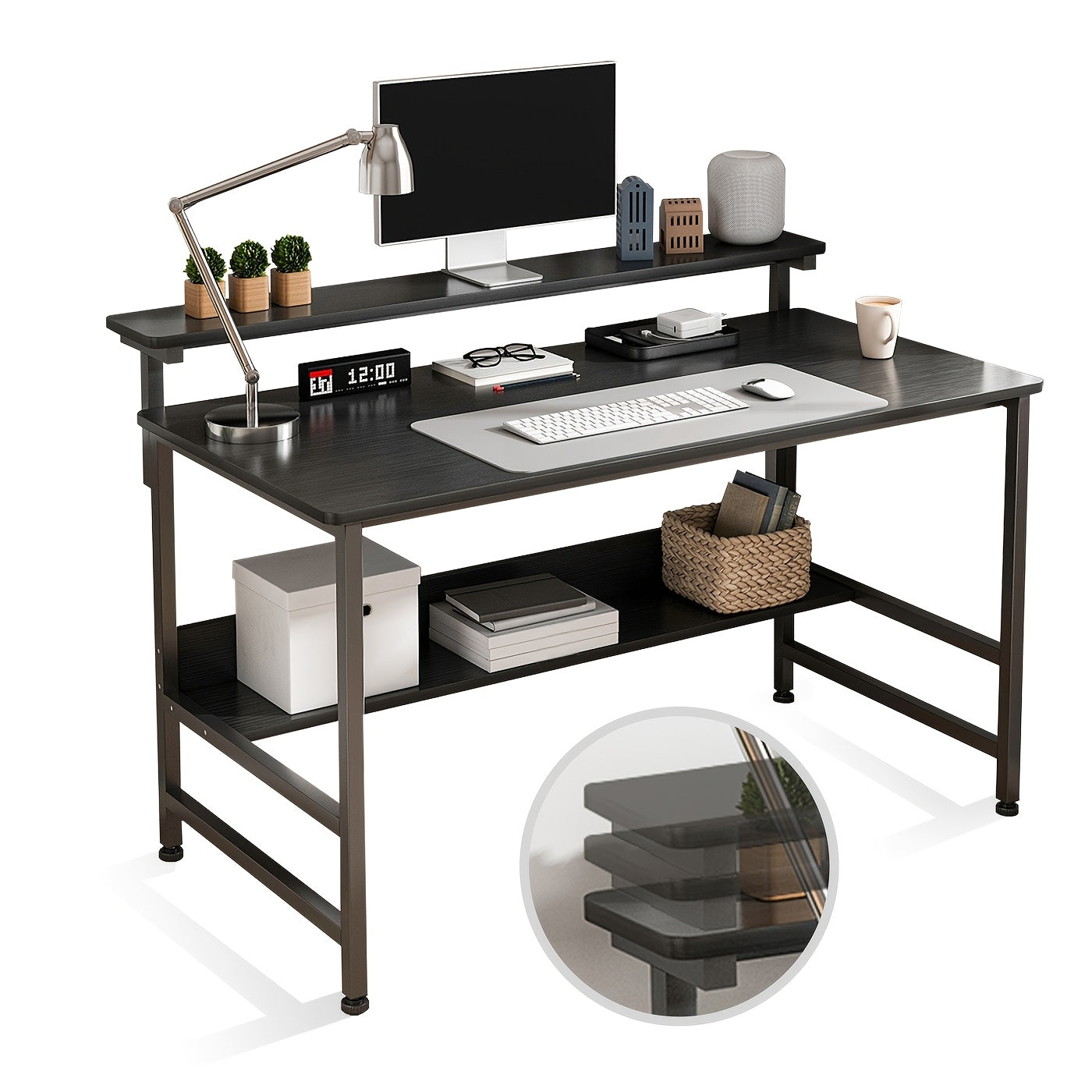 LAFULAIFU Gaming Desk with Double Layer Metal Frame Office Table Carbon Fiber Surface 3 Heights Adjustable Monitor Rack Study Desk Ergonomic Table with Storage Tier 110*45*75cm