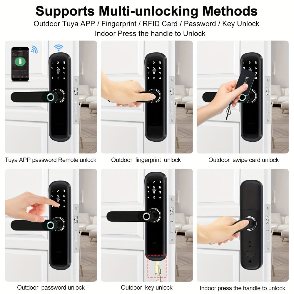 A Smart Door Lock with Five Unlocking Methods (Code, Fingerprint, Key, APP, RFID Card), a Fingerprint Door Lock, a Keyless Entry Lock with a Keypad, an App-Controlled TT Lock, Featuring NFC And a Reversible Handle, Suitable f