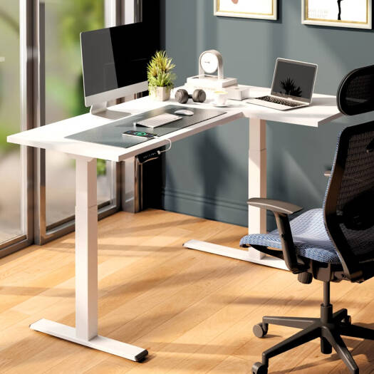 Flexispot Pro Corner L Shaped Standing Desk, Dual Motor Setup, Height Adjustable Desk, Home Office Table with Splice Board, 63x40, White | MAH0002631