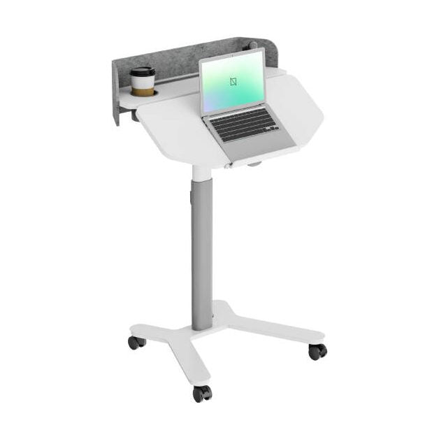 Navo Navodesk GO Standing Desk, Adjustable Tilt-Desktop, Front Edge Barrier, Built-In Cup Holder, Lockable Casters, Gas-Spring Assisted Height Adjustment, Storage Hook, White | ND-GO