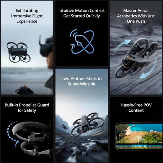 DJI Avata 2 Fly More Combo FPV Drone, 1/1.3-inch Image Sensor, Built-in Propeller Guard, Binocular Fisheye Visual Positioning, Turtle Mode, Cinematic Magic w/ One Tap, 3 Battery, Gray | DJI-FAV200-C2