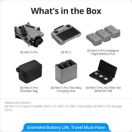 DJI Mini 5 Pro Fly More Combo Plus, DJI RC 2, 1-Inch CMOS, Obstacle Sensing, ActiveTrack 360°, 225° Gimbal Rotation, Extended Battery Life | Mini-5-Pro-Fly-Plus