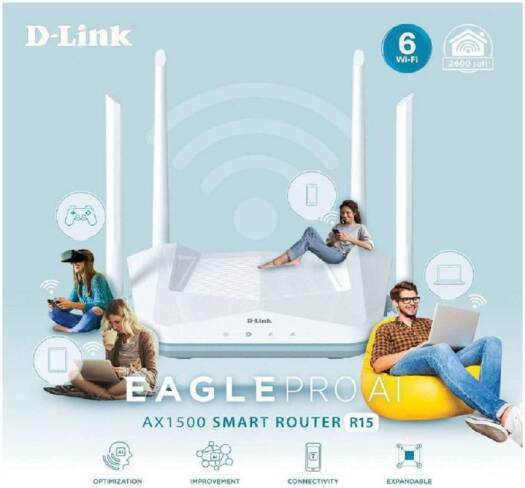 D-Link Eagle Pro AI AX1500 Smart Router, AI Based Mesh, Wi-Fi 6, Traffic Optimisers, Up to 1201Mbps (5GHz) / 300Mbps (2.4GHz) Speeds, WPA3 Wireless Security, MU MIMO, Pack of 100, White | R15-100-Pack