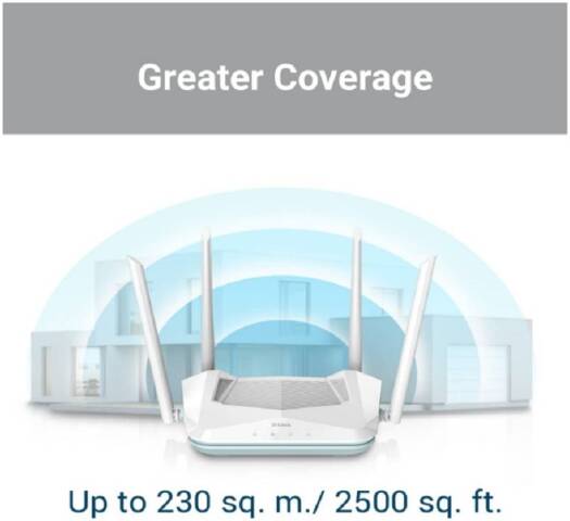 D-Link Eagle Pro AI AX1500 Smart Router, AI Based Mesh, Wi-Fi 6, Traffic Optimisers, Up to 1201Mbps (5GHz) / 300Mbps (2.4GHz) Speeds, WPA3 Wireless Security, MU MIMO, Pack of 100, White | R15-100-Pack