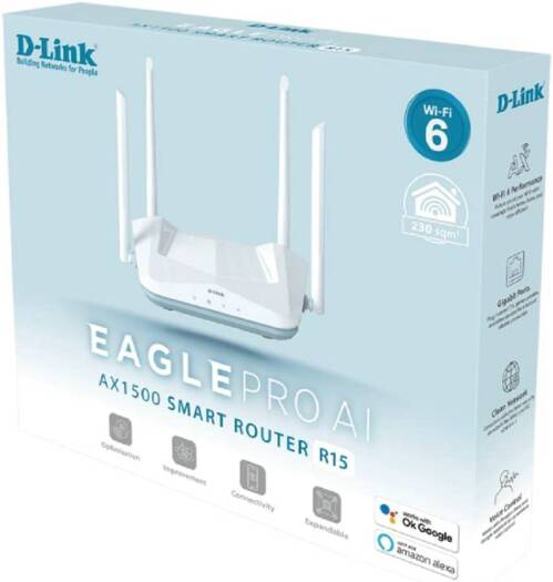 D-Link Eagle Pro AI AX1500 Smart Router, AI Based Mesh, Wi-Fi 6, Traffic Optimisers, Up to 1201Mbps (5GHz) / 300Mbps (2.4GHz) Speeds, WPA3 Wireless Security, MU MIMO, Pack of 100, White | R15-100-Pack