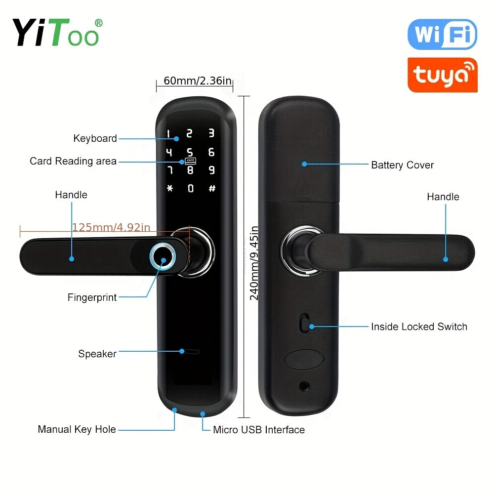 A Smart Door Lock with Five Unlocking Methods (Code, Fingerprint, Key, APP, RFID Card), a Fingerprint Door Lock, a Keyless Entry Lock with a Keypad, an App-Controlled TT Lock, Featuring NFC And a Reversible Handle, Suitable f