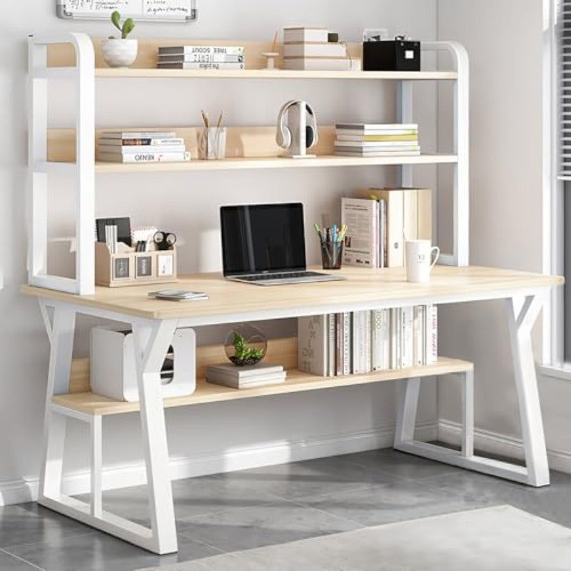 Modern Easy Office Desk | Computer Table with Bookshelf, Writing Desk for Home Office and Workstations, Small Space Study Table, 120*60*147.5cm (Maple)