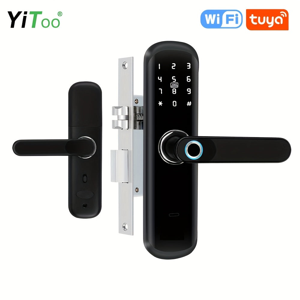 A Smart Door Lock with Five Unlocking Methods (Code, Fingerprint, Key, APP, RFID Card), a Fingerprint Door Lock, a Keyless Entry Lock with a Keypad, an App-Controlled TT Lock, Featuring NFC And a Reversible Handle, Suitable f