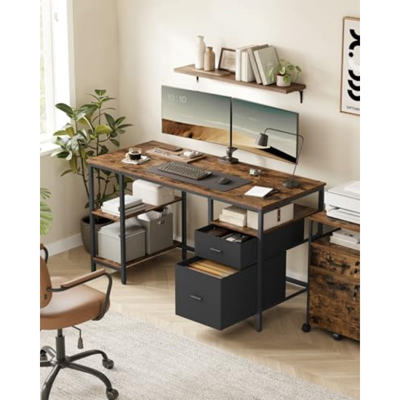 Modern Industrial Computer Desk with Storage - Rustic Brown & Black Table, 3-Shelf & 2-Drawer Storage, Sturdy Chipboard & Frame, Assembly Office Desk Suitable for Living Room, Computer Workstation
