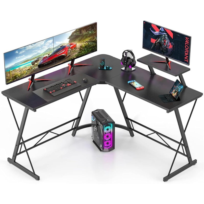 L-Shaped Gaming Desk Compatible for PC, Computer & Home Office Workstation - Heavy-Duty - with Adjustable Monitor Shelf, Space-Saving Easy Assembly (Black) - Sturdy MDF Board & Metal Frame, 500 Weight Capacity)