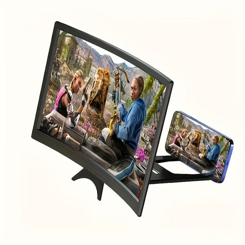 Black portable curved screen magnifier for smartphones, clearly displaying a magnified game scene.