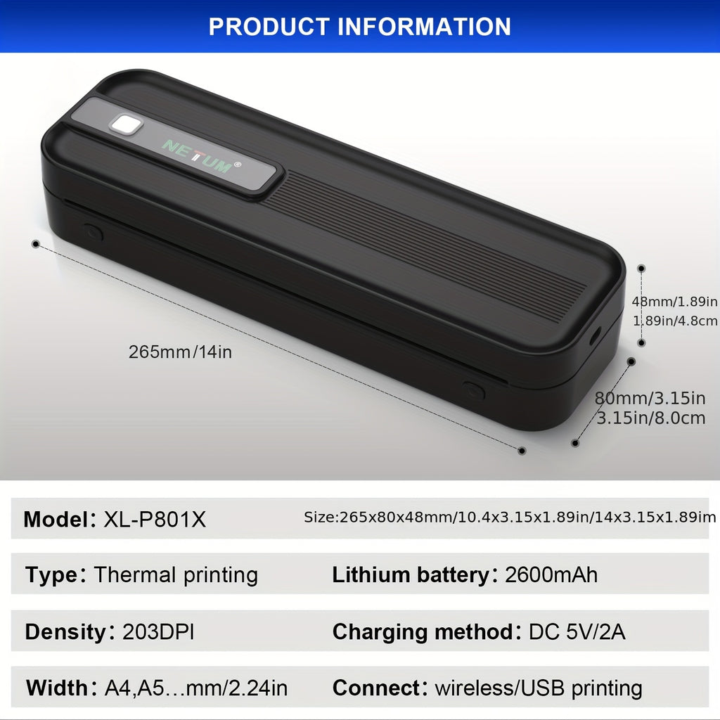 NETUM A4 Portable Thermal Printer - Wireless and USB Connection, Multi-Size Printing, Roll/Fold Paper Compatible, Ink-Free Monochrome Output, Supports PDF/Word/Excel/JPG, 203dpi High Definition Print, Built-in 2600mAh Recharg