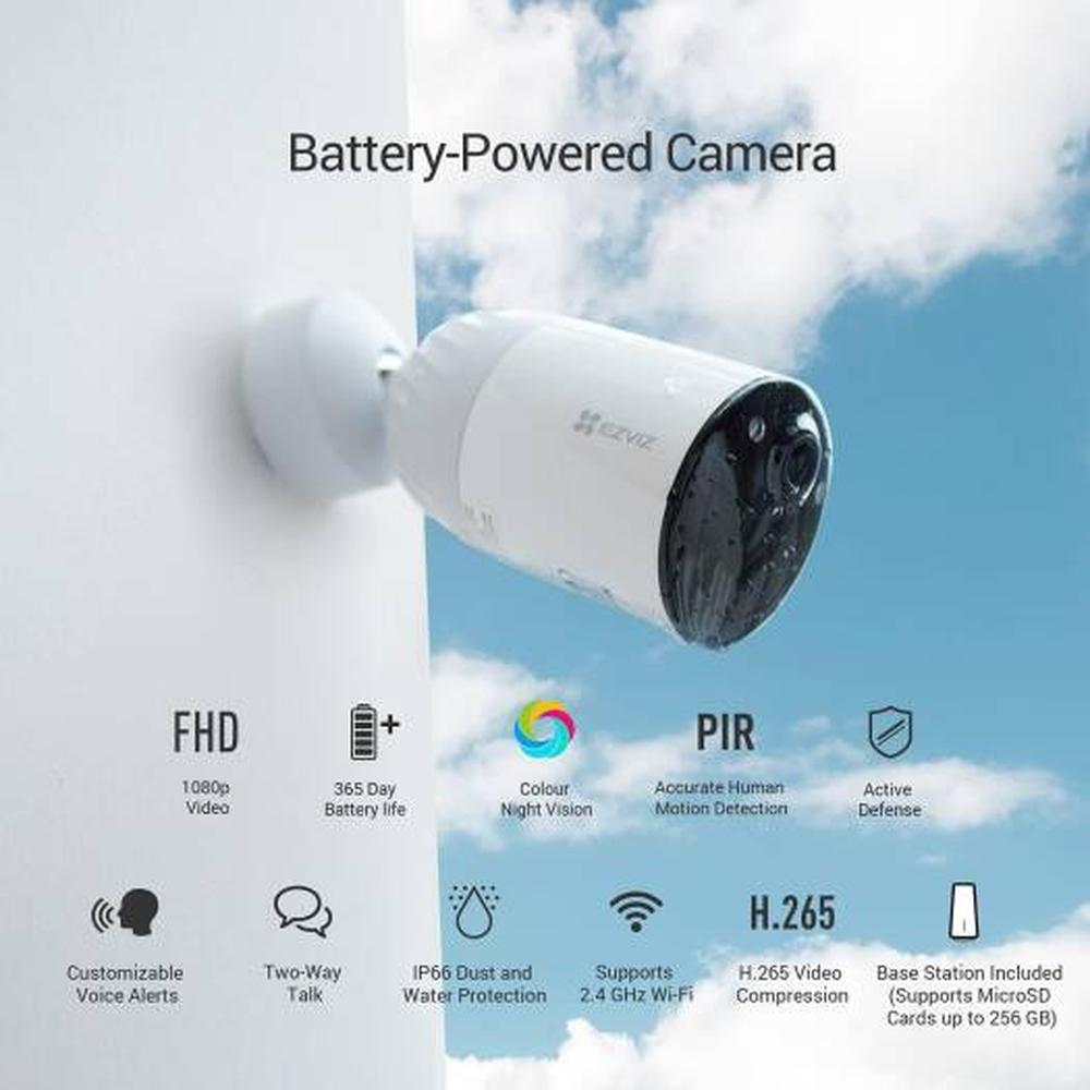 EZVIZ BC1 WiFi Outdoor Camera,1080p Security Camera CCTV with 365 Days Battery Life, Color Night Vision, PIR Motion, Smart Human Detection, 2 Way Audio, Alexa & Google Assistant, White | CS-BC1-B3