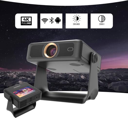 Porodo LifeStyle Optivis Smart HD Projector, 200 ANSI Lumens, 7 Inch IPS Capacitive Touch Display, Up to 250 Inches, Unique Smart Tablet, Auto Focus & Keystone, Native 1080P Movie, Black | PDA10BBK
