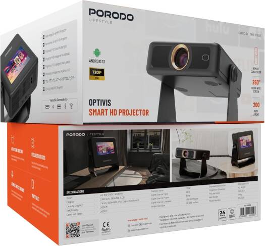 Porodo LifeStyle Optivis Smart HD Projector, 200 ANSI Lumens, 7 Inch IPS Capacitive Touch Display, Up to 250 Inches, Unique Smart Tablet, Auto Focus & Keystone, Native 1080P Movie, Black | PDA10BBK