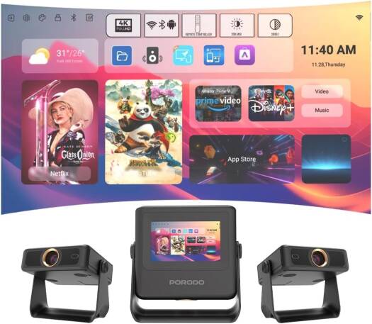 Porodo LifeStyle Optivis Smart HD Projector, 200 ANSI Lumens, 7 Inch IPS Capacitive Touch Display, Up to 250 Inches, Unique Smart Tablet, Auto Focus & Keystone, Native 1080P Movie, Black | PDA10BBK