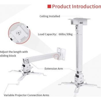 Generic Projector Ceiling Mount for LCD/DLP Adjustable Height Projector Wall Mount Stand, Solid Steel Material, Capacity Up to 66lbs / 30 kg, Expandable Size 5''-24'' - White | UNV-WO-07-S