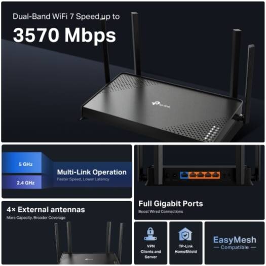 Tp-link Archer BE220, BE3600 Dual-Band Wi-Fi 7 Router, TP-Link BE3600 WiFi 7 Dual-Band Wireless Router, Up to 3.6Gbps Speeds, Full Gigabit WAN/LAN Ports, 4 External Antennas, EasyMesh | Archer BE220