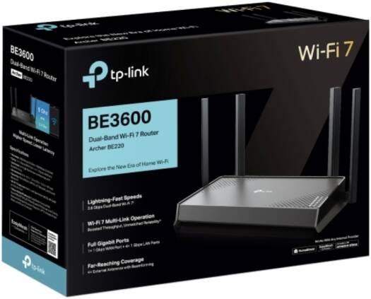 Tp-link Archer BE220, BE3600 Dual-Band Wi-Fi 7 Router, TP-Link BE3600 WiFi 7 Dual-Band Wireless Router, Up to 3.6Gbps Speeds, Full Gigabit WAN/LAN Ports, 4 External Antennas, EasyMesh | Archer BE220